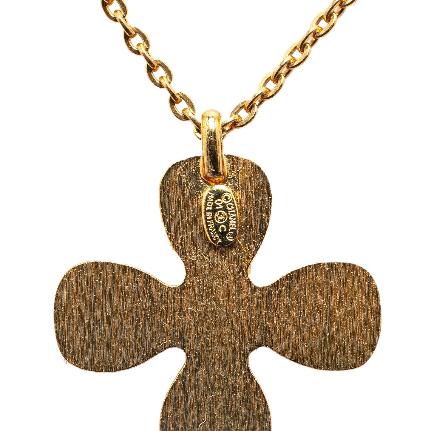 Gold Chanel Gold Plated Rhinestones Clover Pendant Necklace