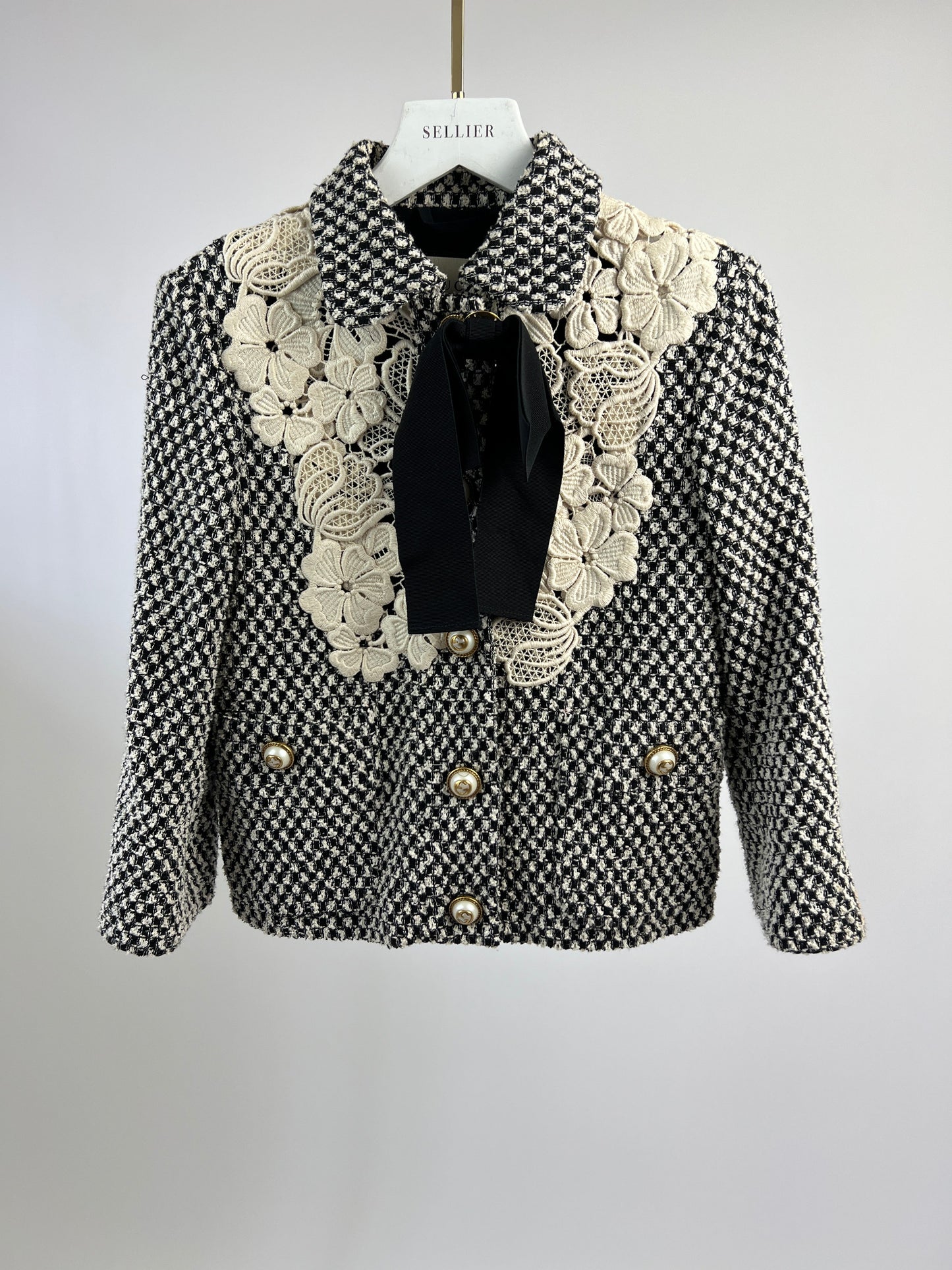 Gucci Black and White Tweed Jacket with Lace Detail and GG Buttons Size IT 36 (UK 4)