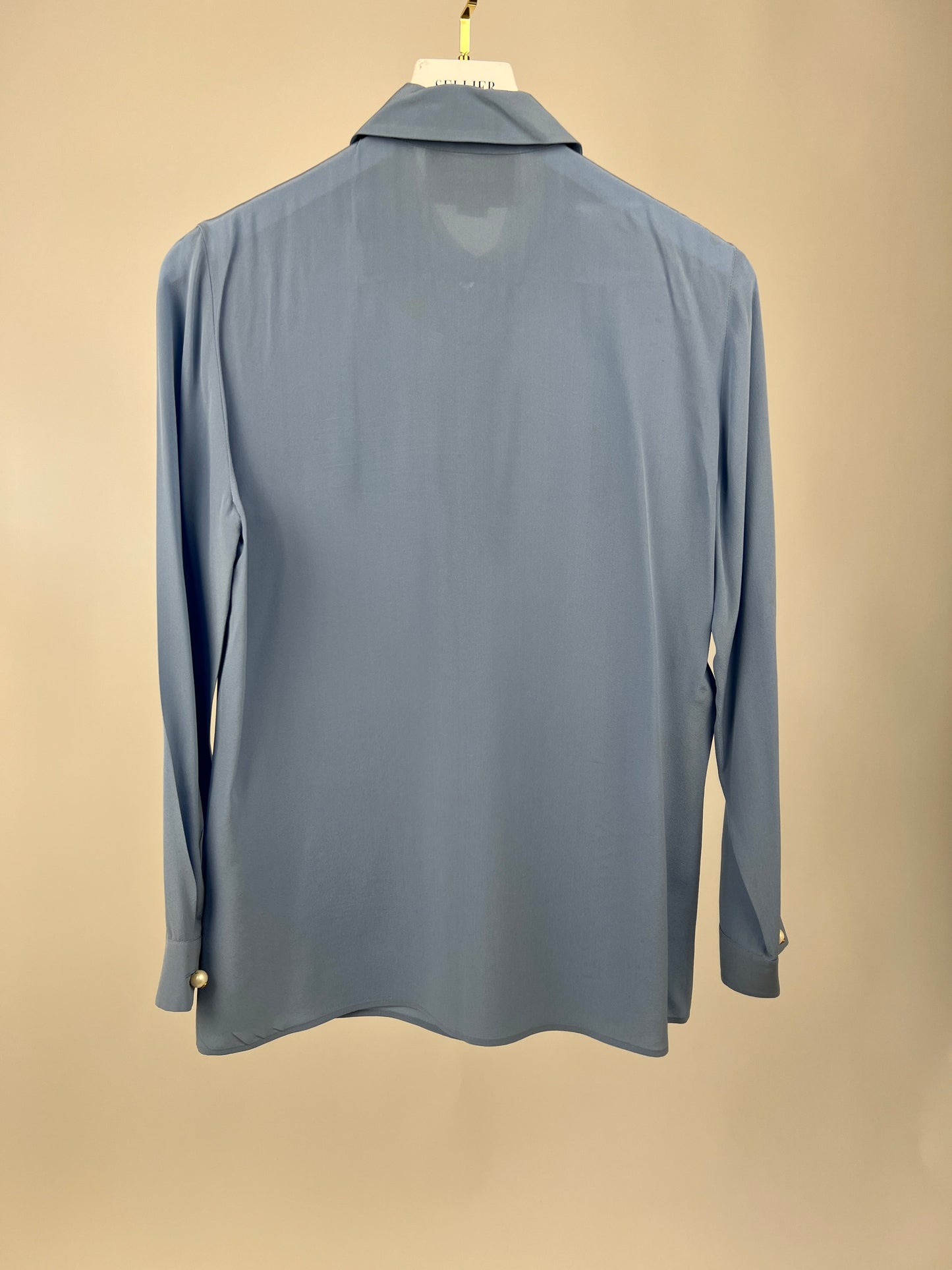 Gucci Blue Silk Ruffle Blouse with Pearl Buttons Size