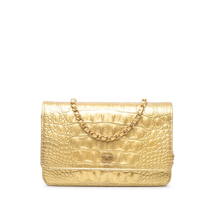 Gold Chanel CC Metallic Calfskin Crocodile Embossed Wallet On Chain Crossbody Bag