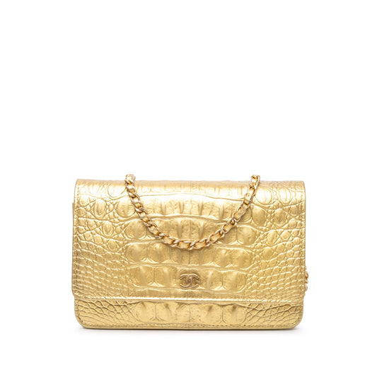 Gold Chanel CC Metallic Calfskin Crocodile Embossed Wallet On Chain Crossbody Bag