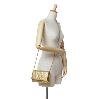 Gold Chanel CC Metallic Calfskin Crocodile Embossed Wallet On Chain Crossbody Bag