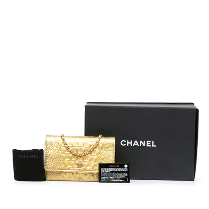 Gold Chanel CC Metallic Calfskin Crocodile Embossed Wallet On Chain Crossbody Bag