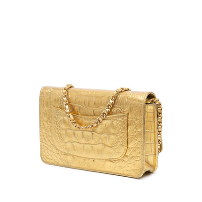 Gold Chanel CC Metallic Calfskin Crocodile Embossed Wallet On Chain Crossbody Bag
