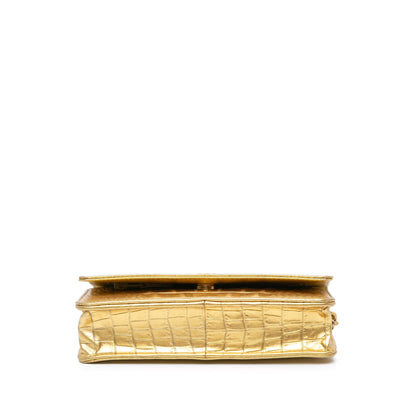 Gold Chanel CC Metallic Calfskin Crocodile Embossed Wallet On Chain Crossbody Bag