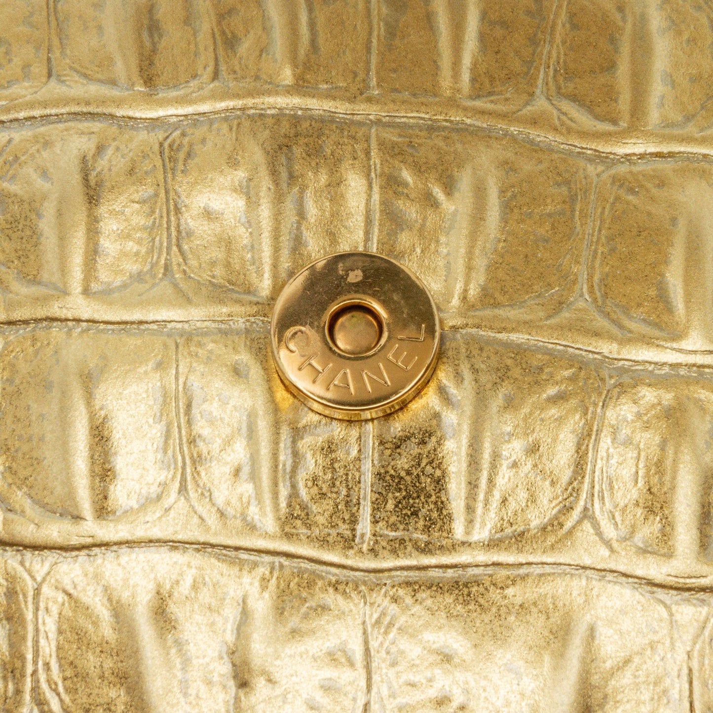 Gold Chanel CC Metallic Calfskin Crocodile Embossed Wallet On Chain Crossbody Bag