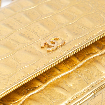 Gold Chanel CC Metallic Calfskin Crocodile Embossed Wallet On Chain Crossbody Bag