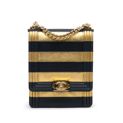 Gold Chanel Paris-New York North South Boy Flap Crossbody Bag