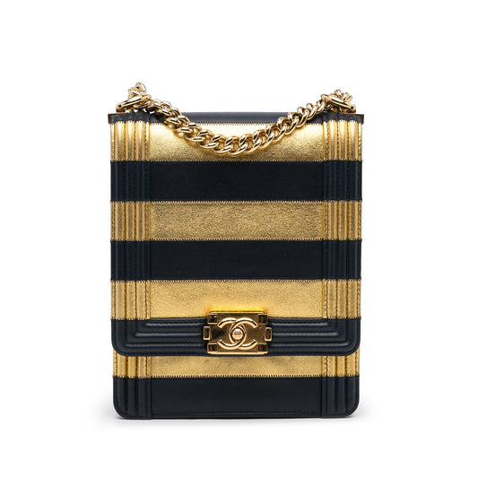 Gold Chanel Paris-New York North South Boy Flap Crossbody Bag