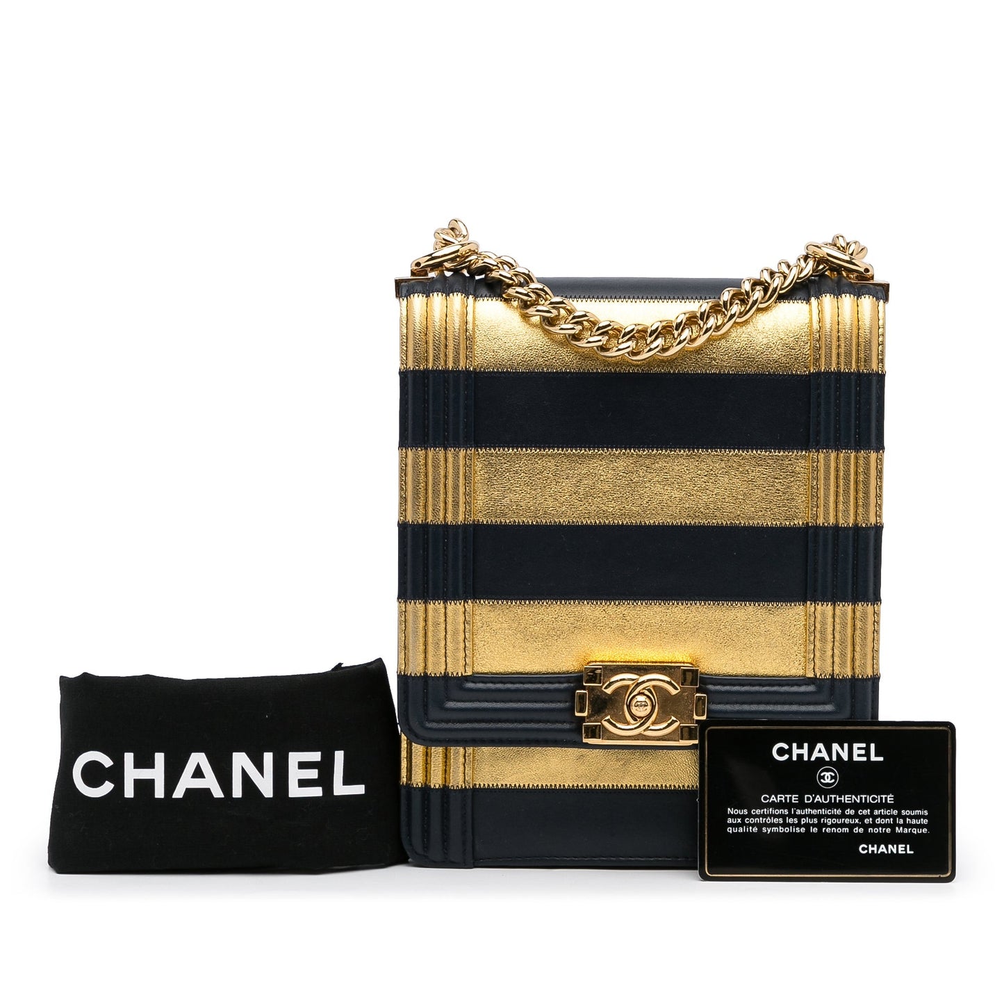 Gold Chanel Paris-New York North South Boy Flap Crossbody Bag