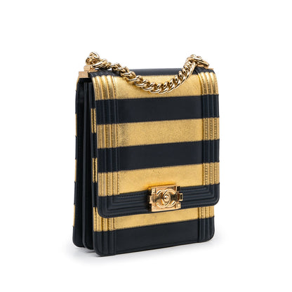 Gold Chanel Paris-New York North South Boy Flap Crossbody Bag