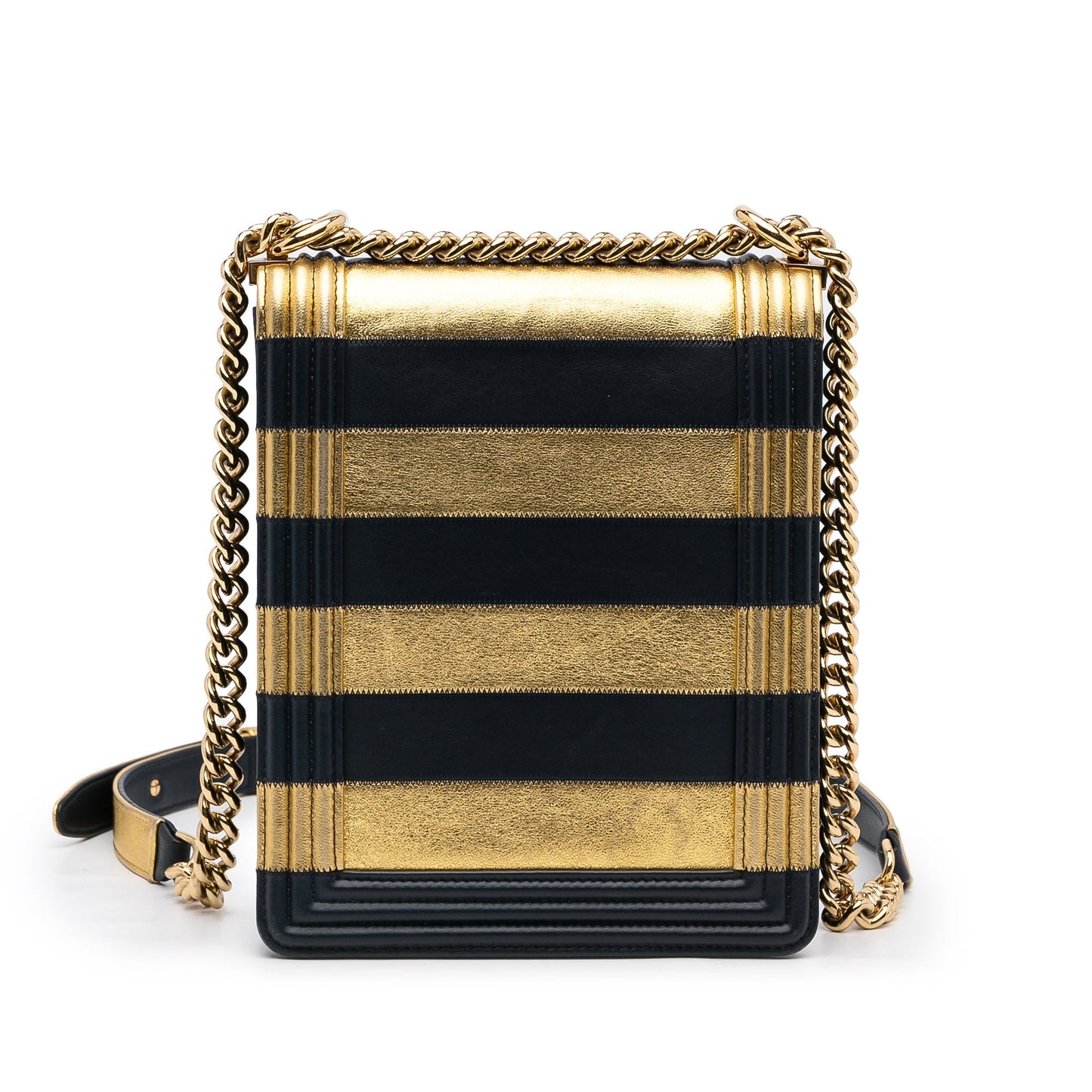 Gold Chanel Paris-New York North South Boy Flap Crossbody Bag