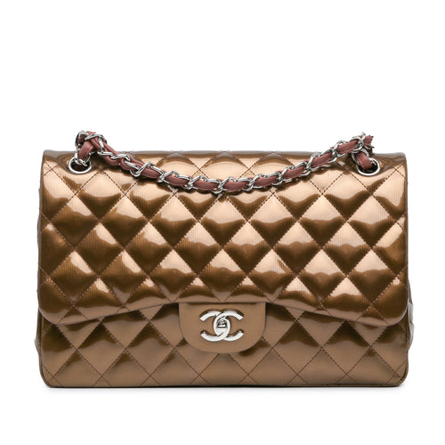 Brown Chanel Jumbo Classic Metallic Patent Double Flap Shoulder Bag