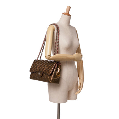 Brown Chanel Jumbo Classic Metallic Patent Double Flap Shoulder Bag