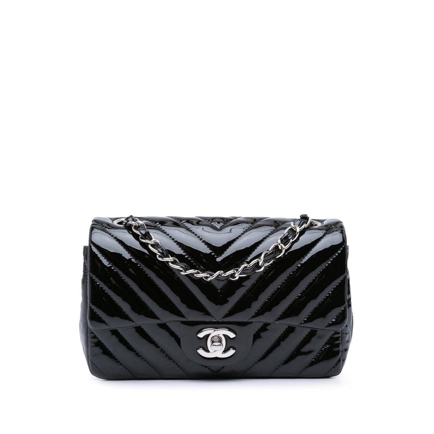 Black Chanel Mini Rectangular Classic Chevron Patent Single Flap Crossbody Bag