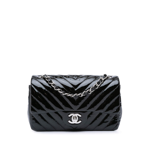 Black Chanel Mini Rectangular Classic Chevron Patent Single Flap Crossbody Bag
