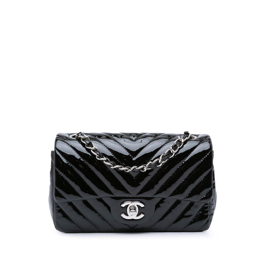 Black Chanel Mini Rectangular Classic Chevron Patent Single Flap Crossbody Bag
