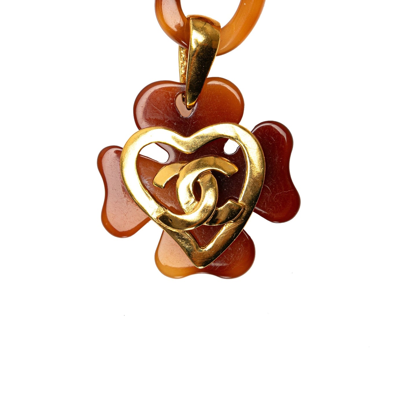 Brown Chanel Tortoise Shell CC Clover Heart Chain Belt