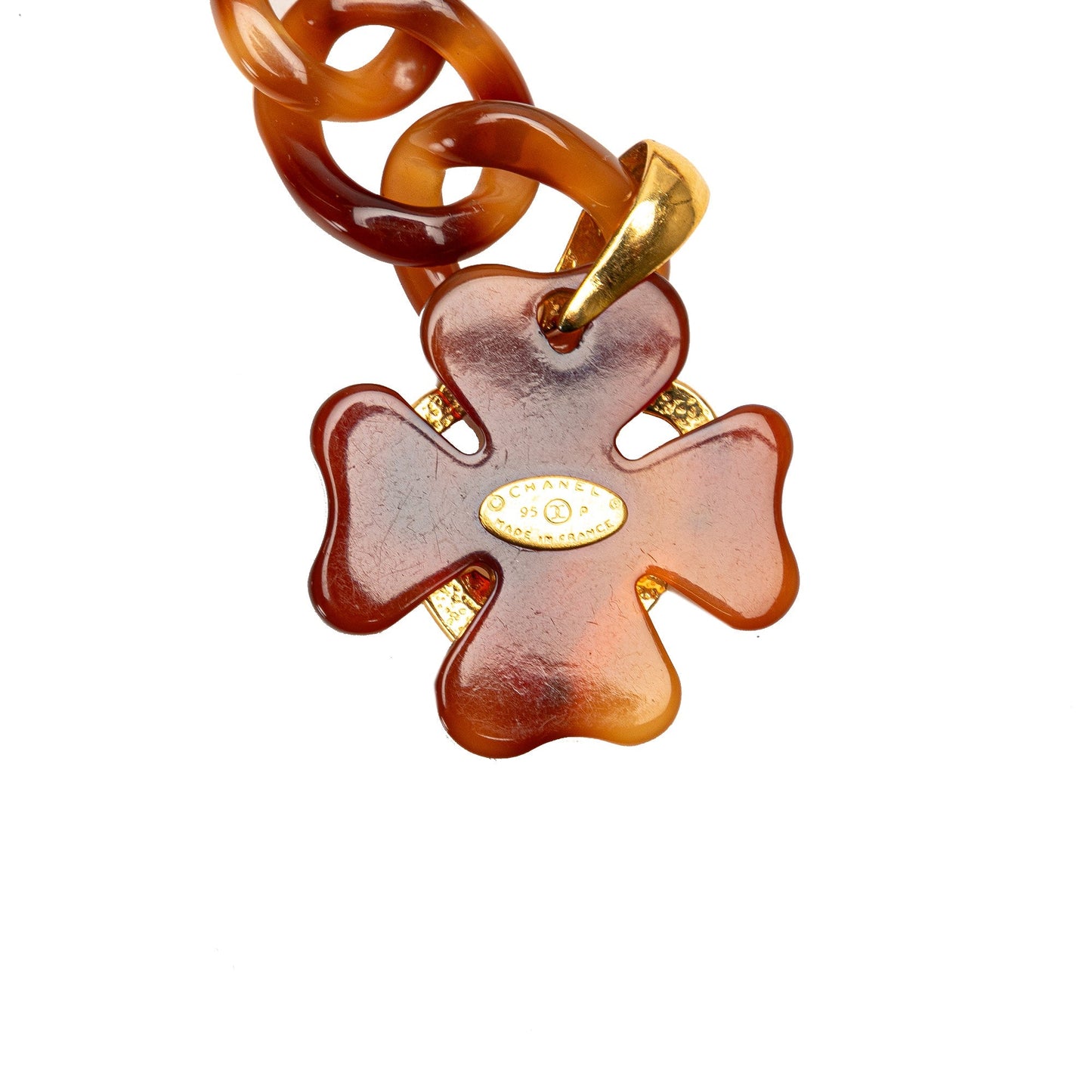 Brown Chanel Tortoise Shell CC Clover Heart Chain Belt