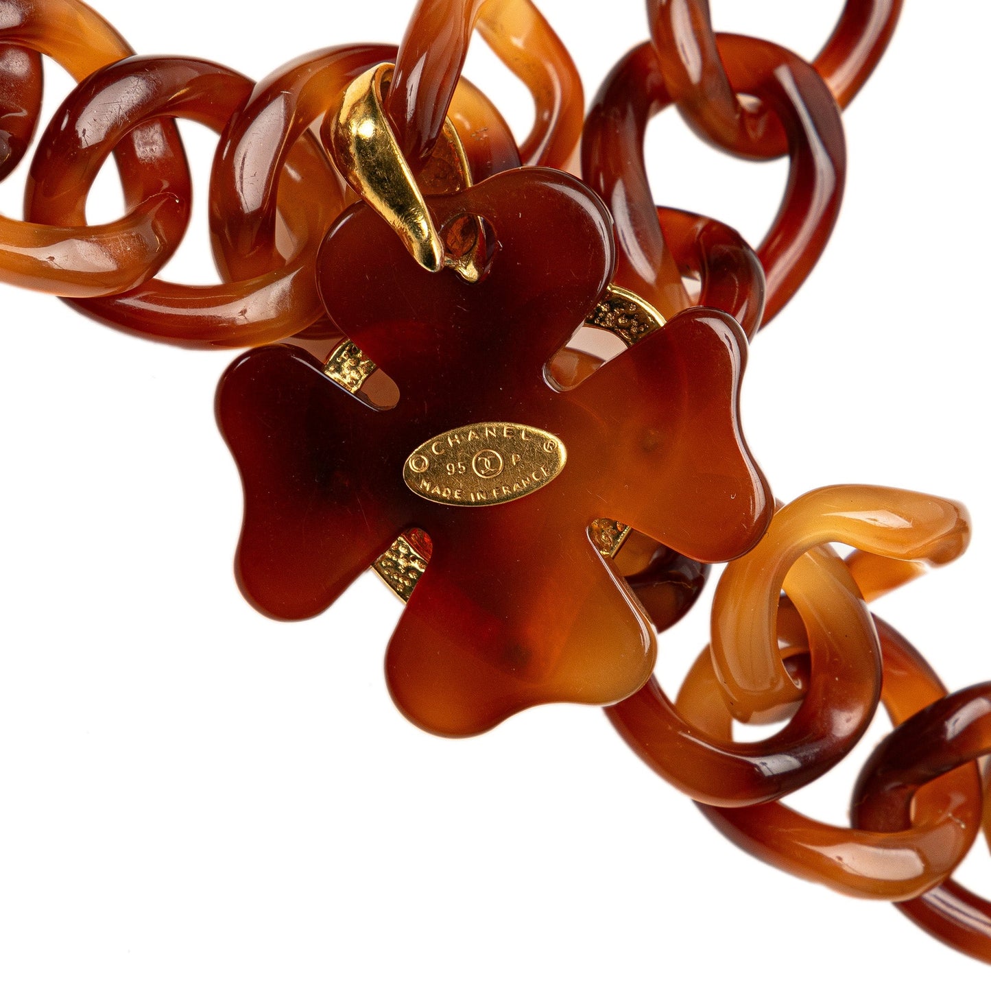 Brown Chanel Tortoise Shell CC Clover Heart Chain Belt