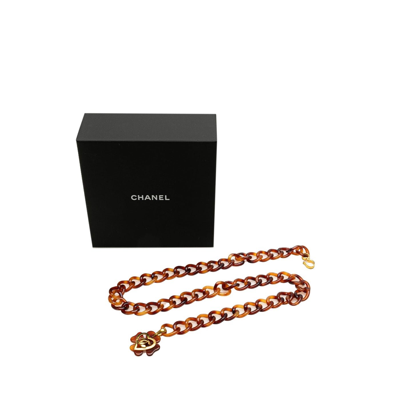 Brown Chanel Tortoise Shell CC Clover Heart Chain Belt