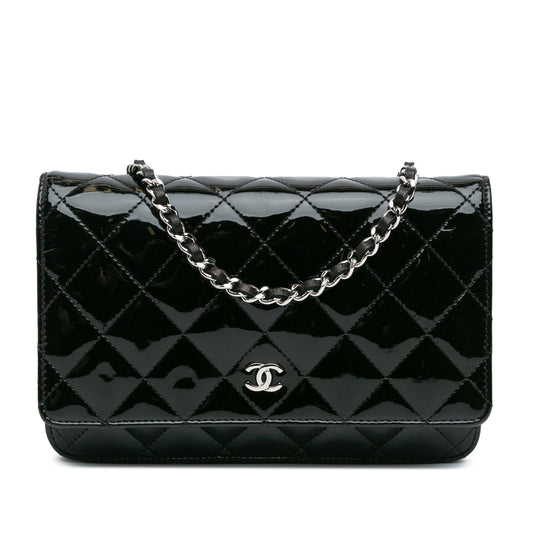 Black Chanel CC Quilted Patent Wallet On Chain Crossbody Bag