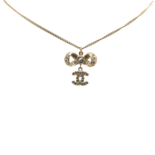 Gold Chanel Gold Plated CC Bow Crystal Pendant Necklace