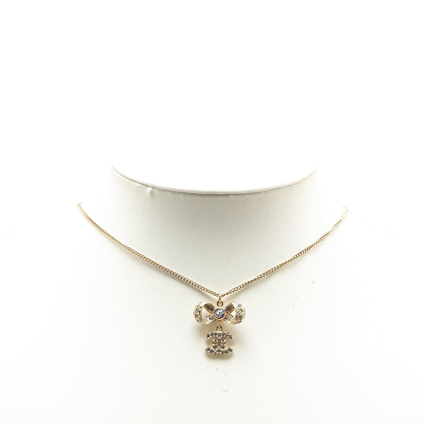 Gold Chanel Gold Plated CC Bow Crystal Pendant Necklace