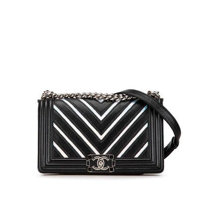 Black Chanel Medium Lambskin and Iridescent PVC Chevron Boy Flap Crossbody Bag