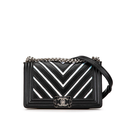 Black Chanel Medium Lambskin and Iridescent PVC Chevron Boy Flap Crossbody Bag