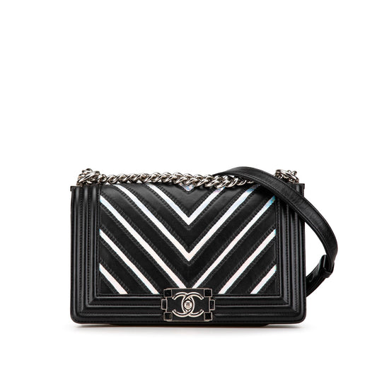 Black Chanel Medium Lambskin and Iridescent PVC Chevron Boy Flap Crossbody Bag