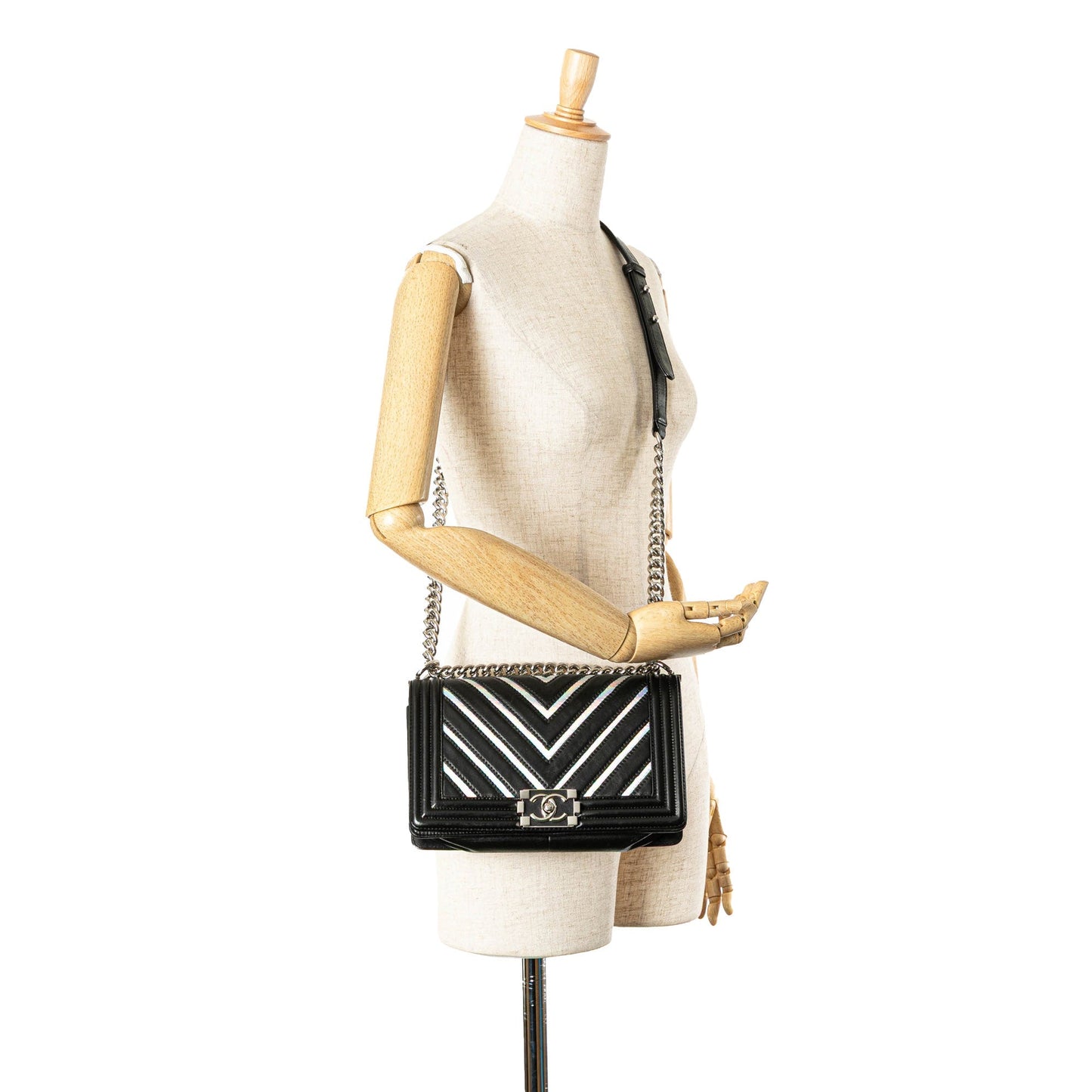 Black Chanel Medium Lambskin and Iridescent PVC Chevron Boy Flap Crossbody Bag