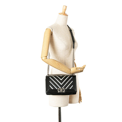 Black Chanel Medium Lambskin and Iridescent PVC Chevron Boy Flap Crossbody Bag