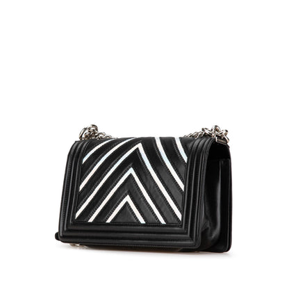 Black Chanel Medium Lambskin and Iridescent PVC Chevron Boy Flap Crossbody Bag