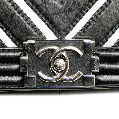 Black Chanel Medium Lambskin and Iridescent PVC Chevron Boy Flap Crossbody Bag