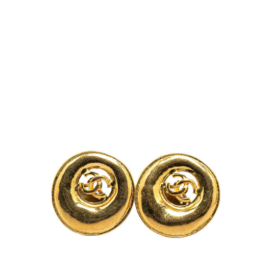 Gold Chanel Gold Plated CC Round Clip On Earrings