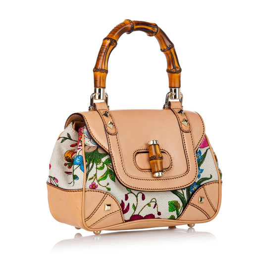 Gucci Bamboo Flora Nailhead Canvas Handbag (SHG-30469)