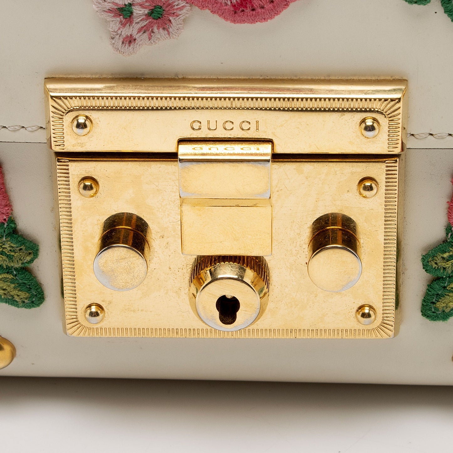 Gucci Calfskin Floral Studded Padlock Small Shoulder Bag (SHF-XfBq3s)