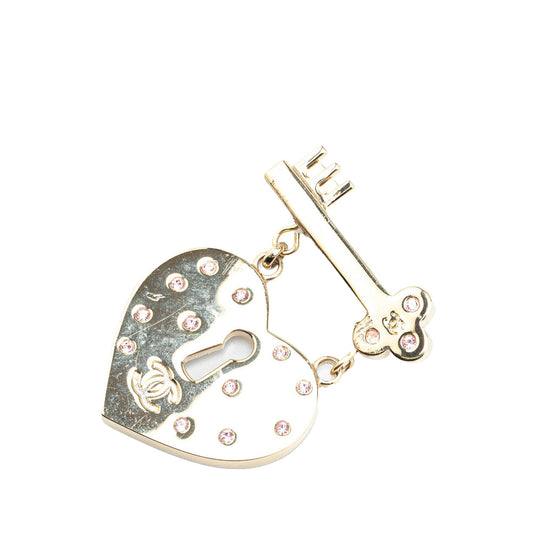Gold Chanel Gold Plated Heart Lock and Key Brooch Pin