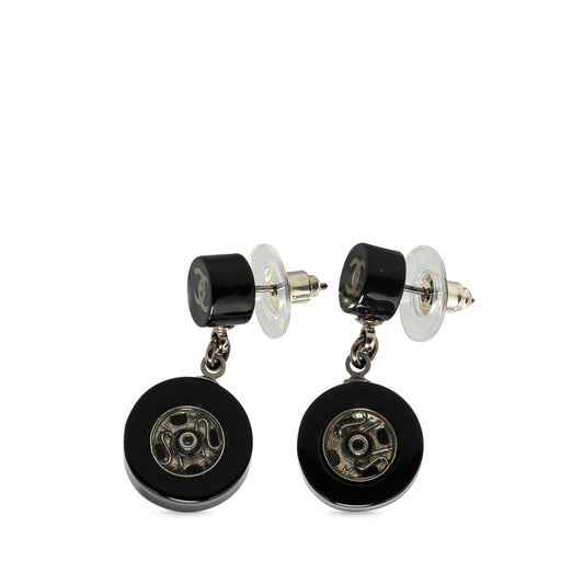 Black Chanel Resin CC Tire Drop Earrings