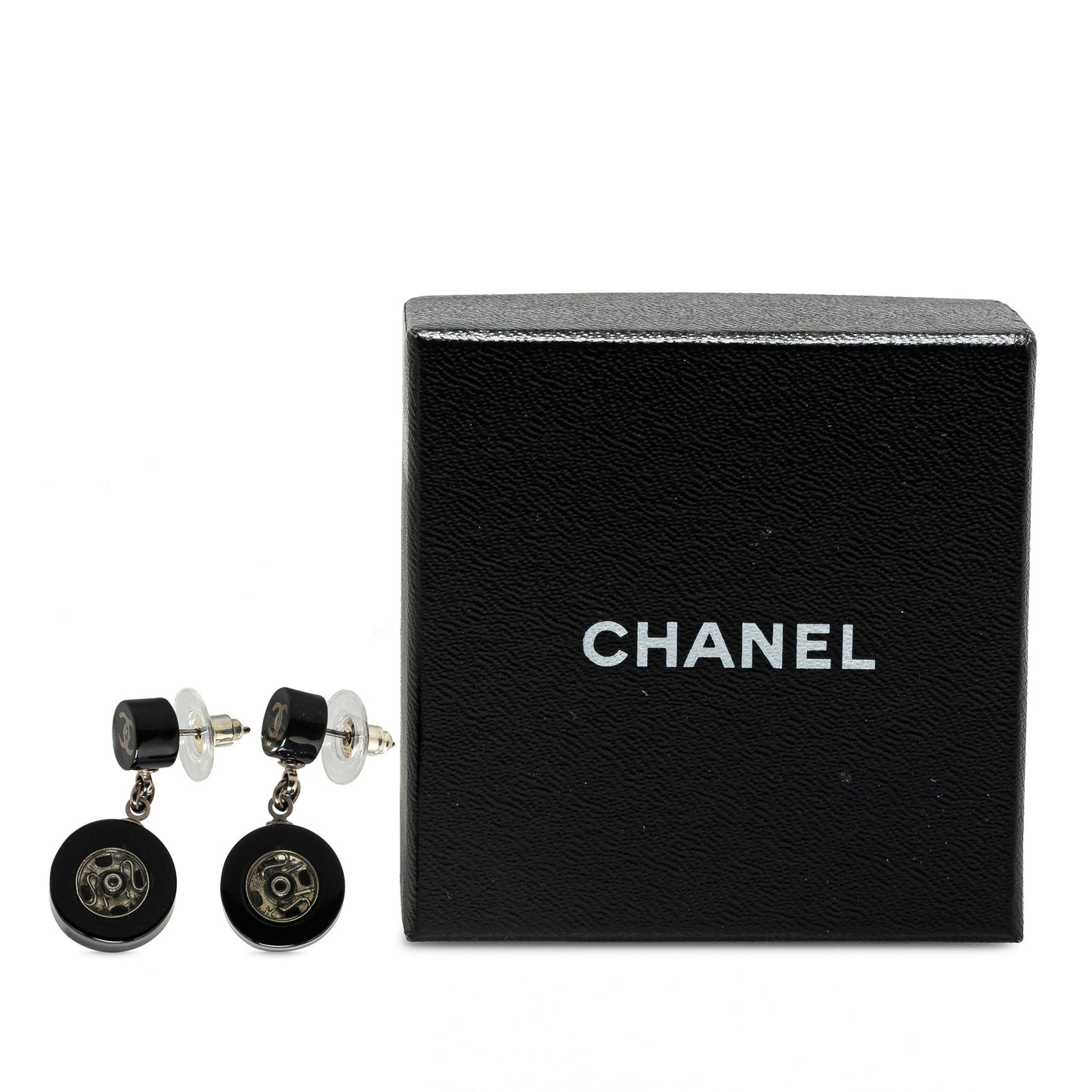 Black Chanel Resin CC Tire Drop Earrings