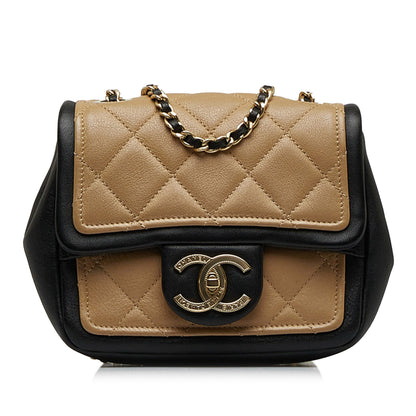 Brown Chanel Mini Square Calfskin Graphic Flap Crossbody Bag
