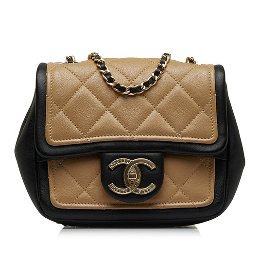Brown Chanel Mini Square Calfskin Graphic Flap Crossbody Bag