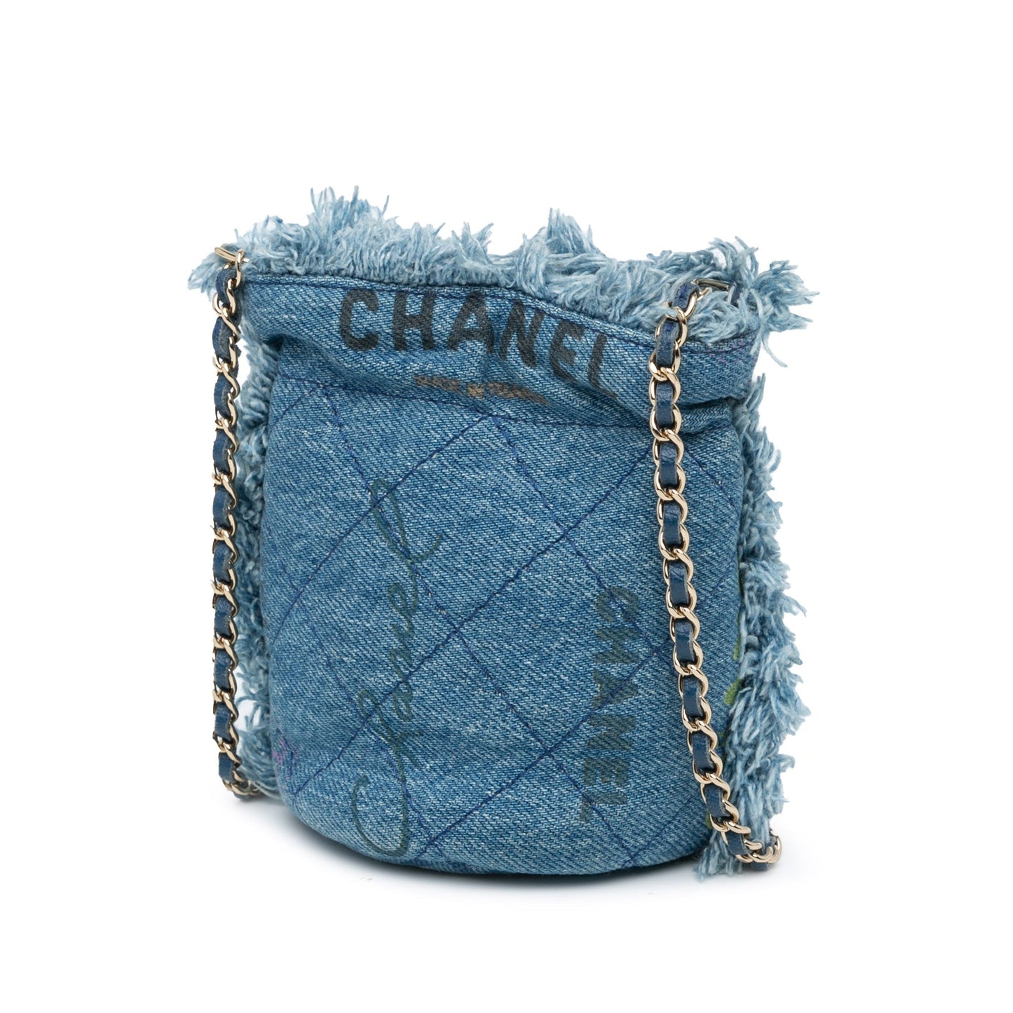 Blue Chanel Mini Denim Mood Bucket with Chain