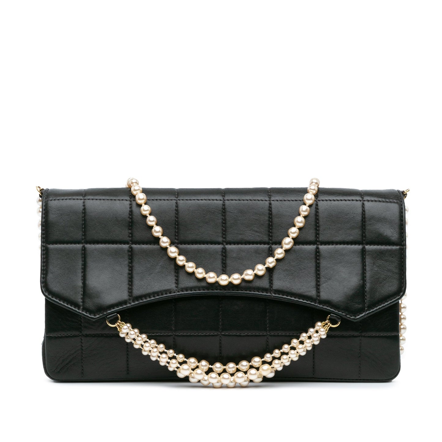 Black Chanel Lambskin Chocolate Bar Pearl Chain Flap Shoulder Bag