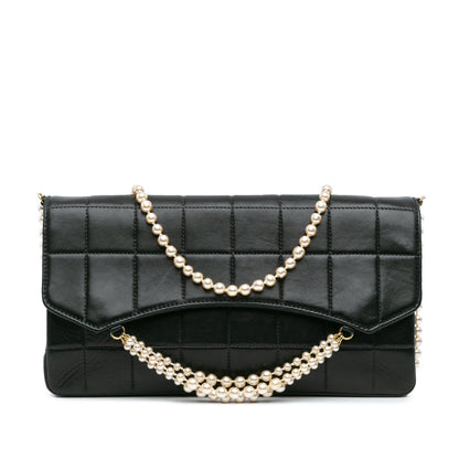 Black Chanel Lambskin Chocolate Bar Pearl Chain Flap Shoulder Bag