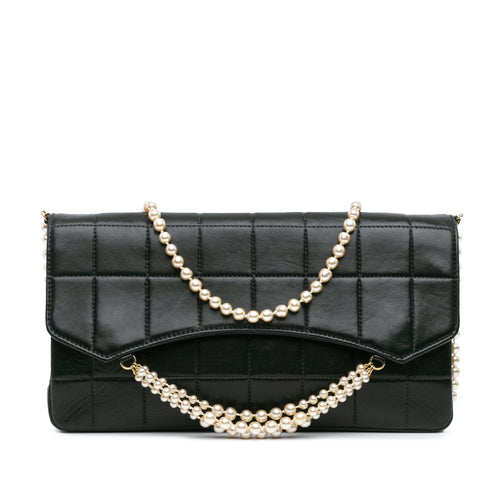 Black Chanel Lambskin Chocolate Bar Pearl Chain Flap Shoulder Bag