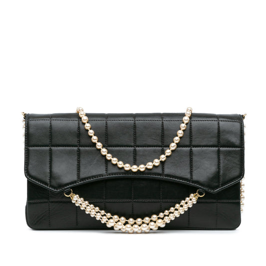 Black Chanel Lambskin Chocolate Bar Pearl Chain Flap Shoulder Bag