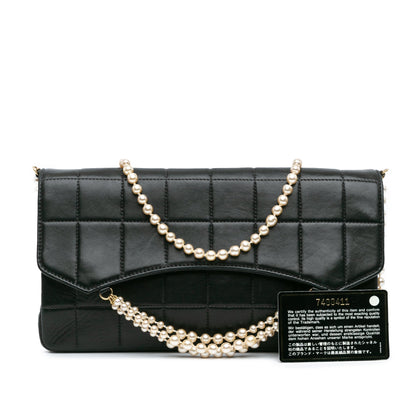 Black Chanel Lambskin Chocolate Bar Pearl Chain Flap Shoulder Bag