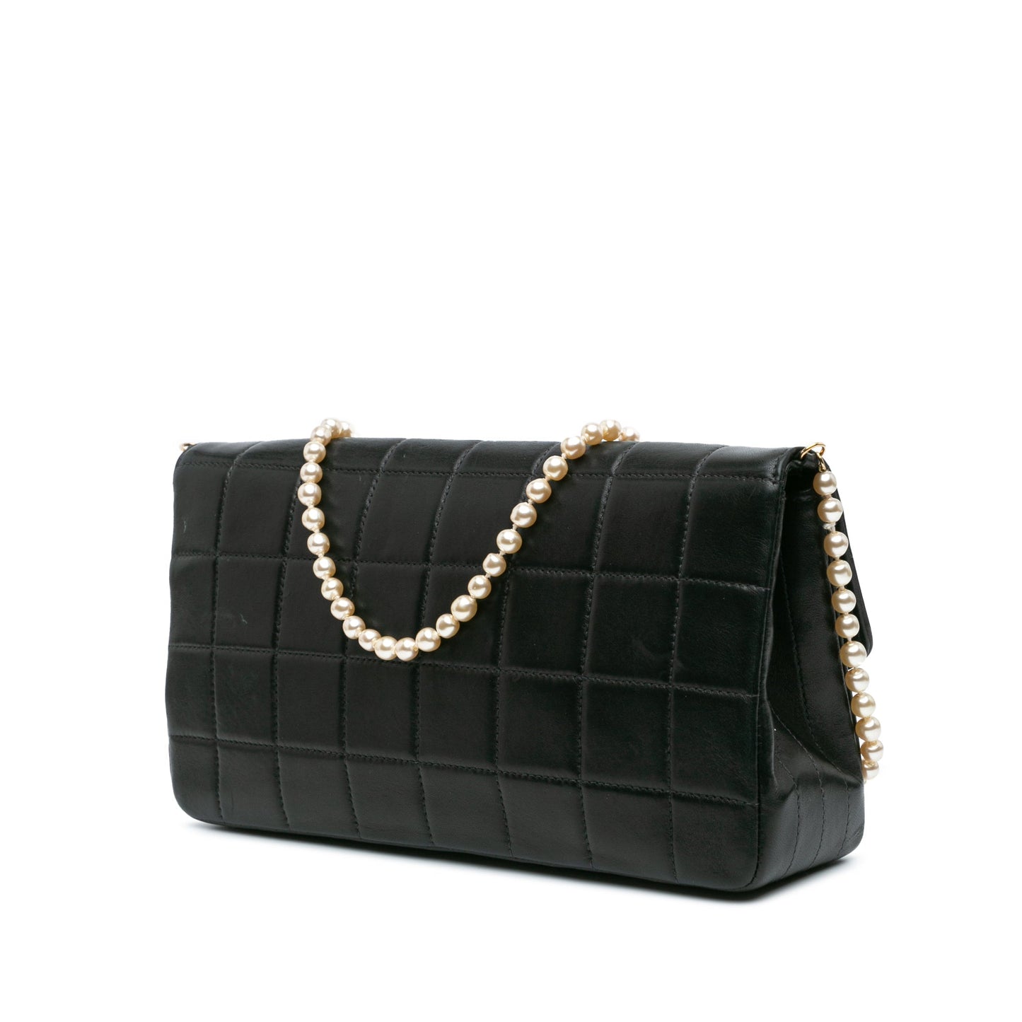 Black Chanel Lambskin Chocolate Bar Pearl Chain Flap Shoulder Bag